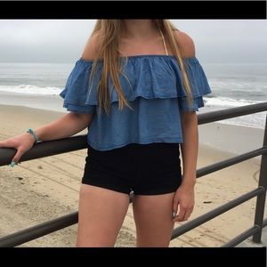off shoulder cropped blue top